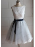 Boat Neck Ivory Lace Gray Tulle Short Bridesmaid Dress